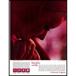 1963 DeBeers Diamond Mines Diamond is Forever Vintage Print Ad Engagement Ring